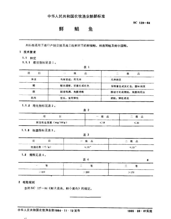 SC 129-1984 鲜鲳鱼