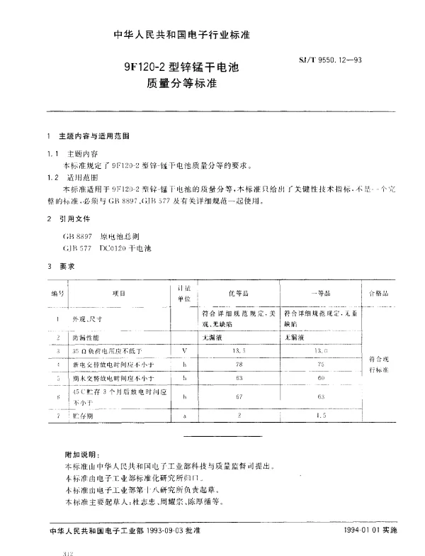 SJT 9550.12-1993 9F120-2锌锰干电池质量分等标准
