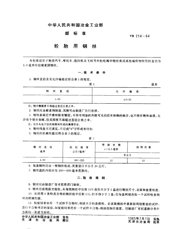 YB 254-1964 轮胎用钢丝