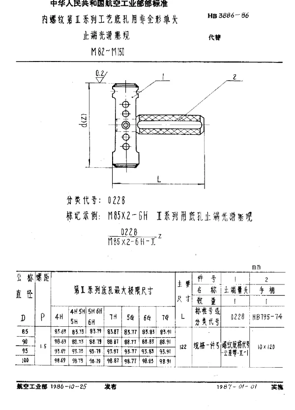 HB 3886-1986 内螺纹第Ⅱ系列工艺底孔用非全形单头.止端光滑塞规.M82~M150