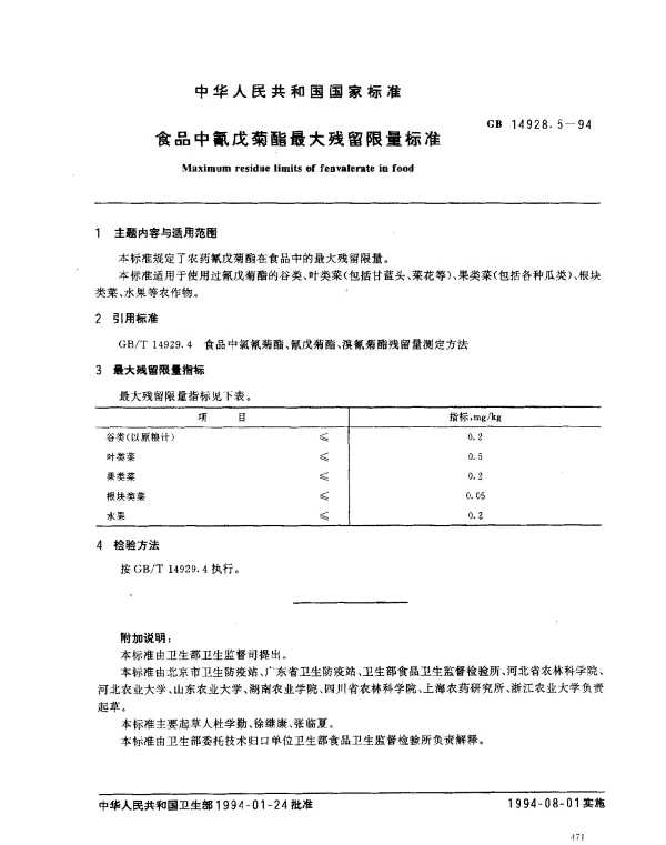 GB 14928.5-1994 食品中氰戊菊酯最大残留限量标准