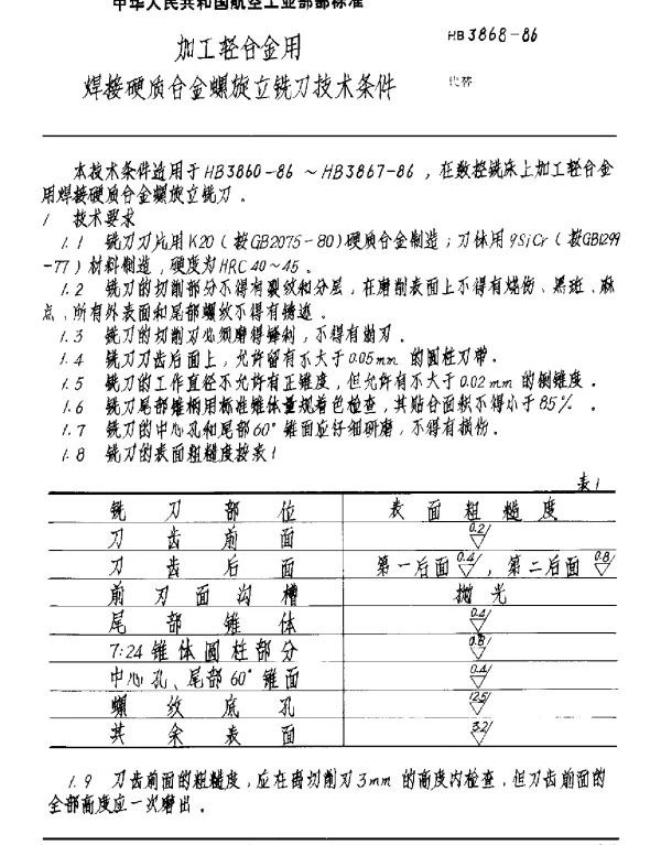 HB 3868-1986 加工轻合金用焊接硬质合金螺旋立铣刀技术条件