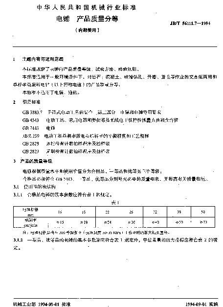 JBT 56111.7-1994 电锤 产品质量分等（内部使用）