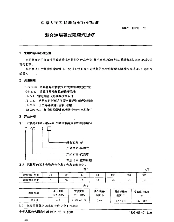SBT 10110-1992 混合油层碟式降膜汽提塔