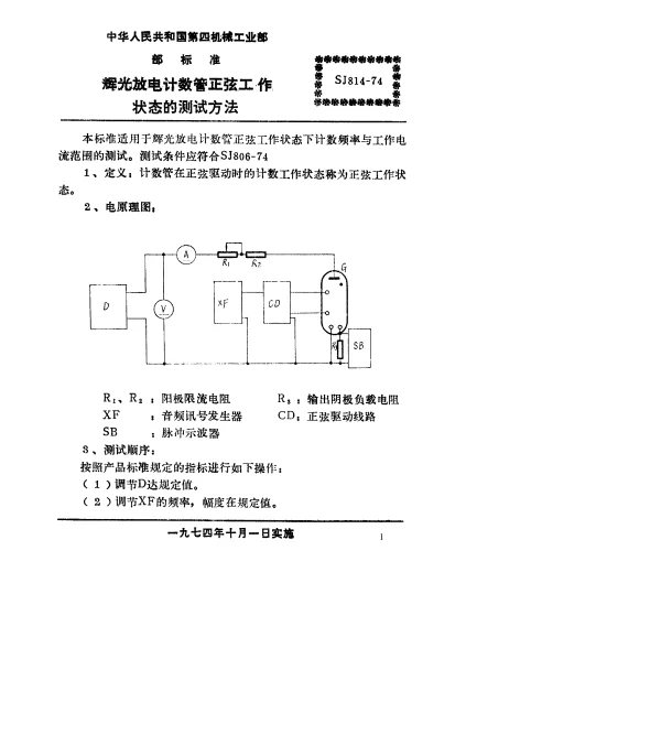 SJ 814-1974 辉光放电计数管正弦工作状态的测试方法