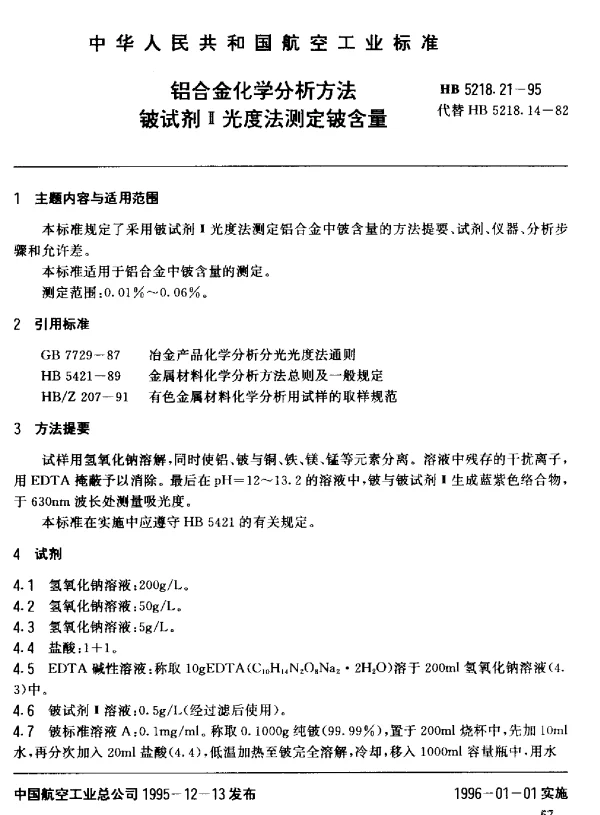 HB 5218.21-1995 铝合金化学分析方法.铍试剂Ⅱ光度法测定铍含量