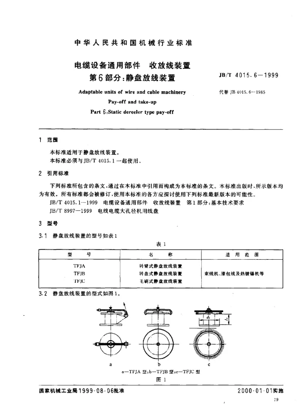 JBT 4015.6-1999 电缆设备通用部件.收放线装置.第6部分：静盘放线装置