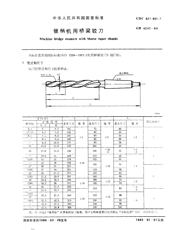 GB 4247-1984 锥柄机用桥梁铰刀