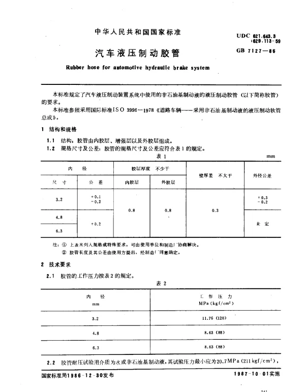 GB 7127-1986 汽车液压制动胶管