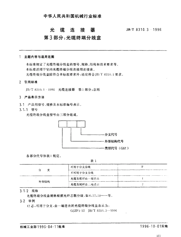 JBT 8310.3-1996 光缆连接器.第3部分：光缆终端分线盒