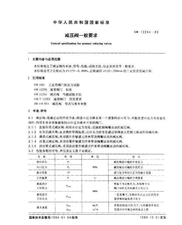 GB 12244-1989 减压阀一般要求