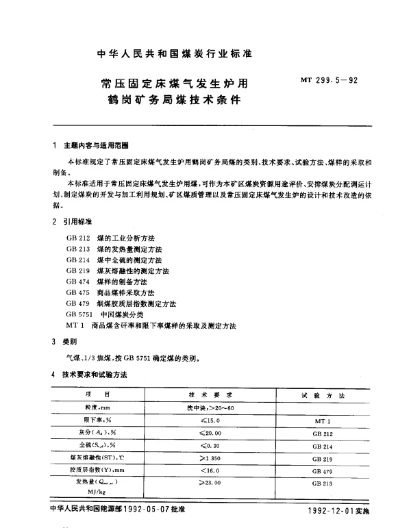 MT 299.5-1992 常压固定床煤气发生炉用鹤岗矿务局煤技术条件