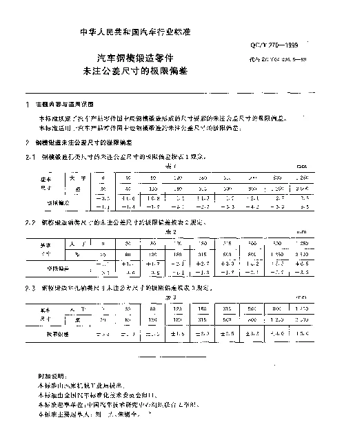 QCT 270-1999 汽车钢模锻造零件未注公差尺寸的极限偏差