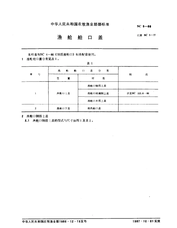 SC 5-1986 渔舱舱口盖