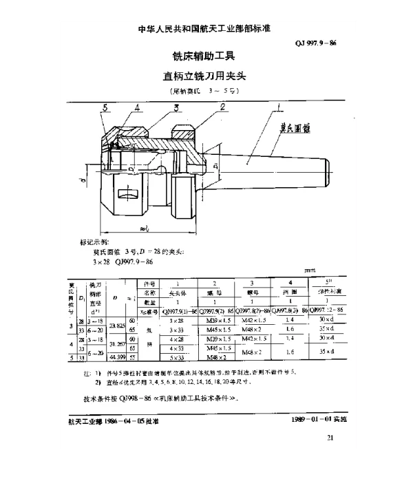 QJ 997.9-1986 铣床辅助工具 直柄立铣刀用夹头(尾柄莫氏3~5号)