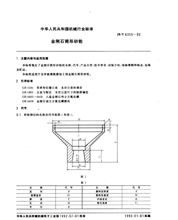 JBT 6355-1992 金刚石筒形砂轮