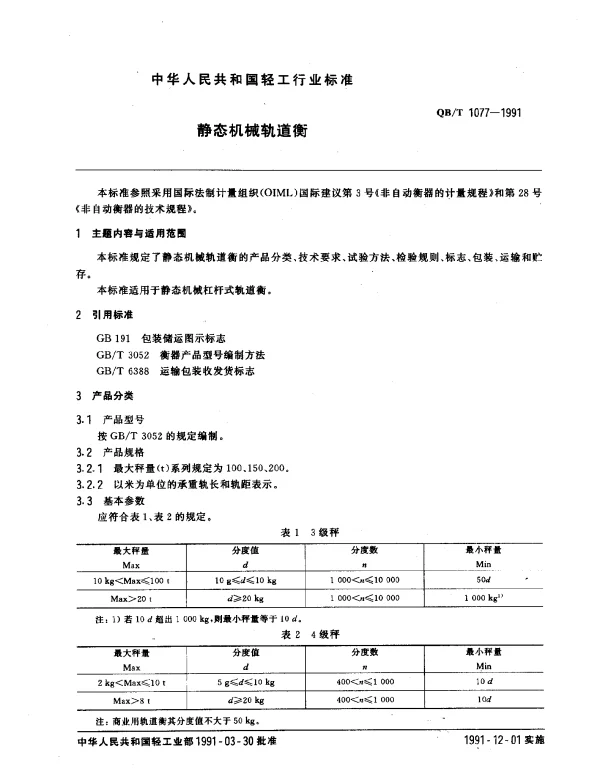 QBT 1077-1991 静态机械轨道衡