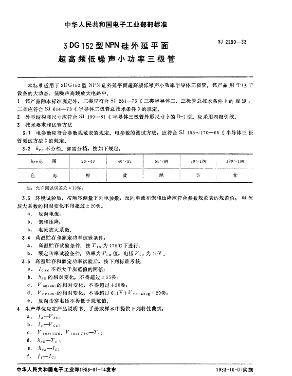 SJ 2290-1983 3DG152型NPN硅外延平面超高频低噪声小功率三极管