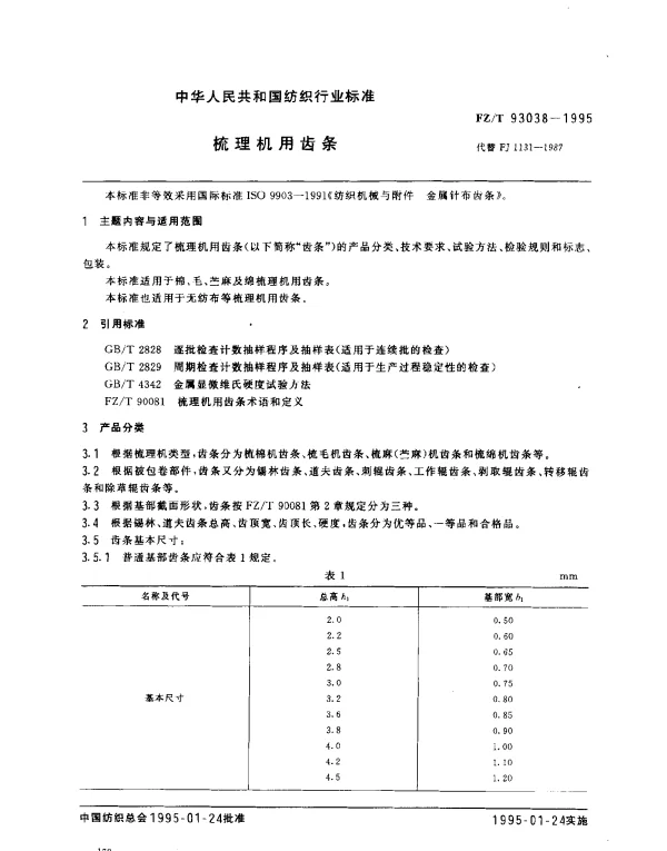 FZT 93038-1995 梳理机用齿条