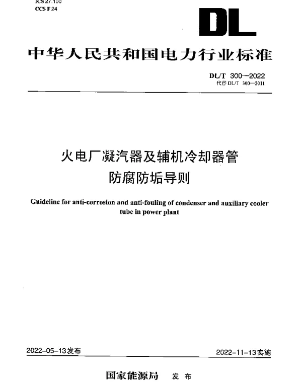 DLT 300-2022 火电厂凝汽器及辅机冷却器管防腐防垢导则