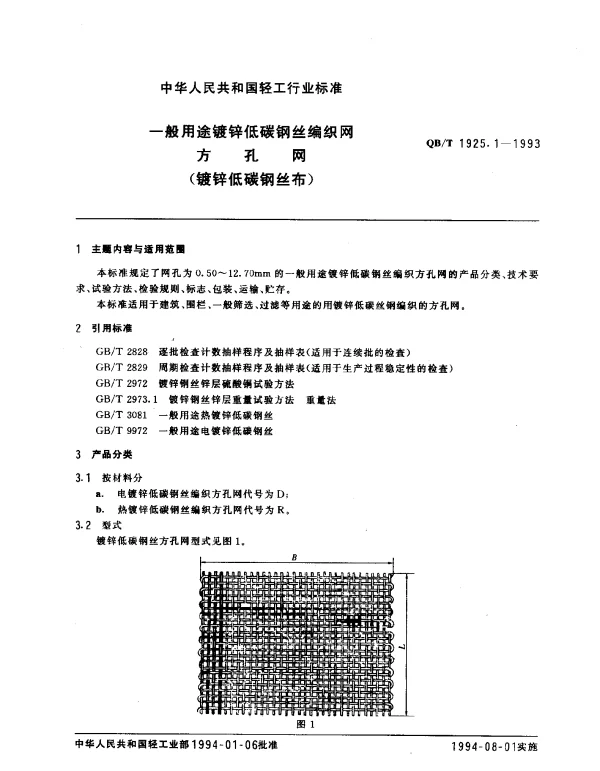 QBT 1925.1-1993 一般用途镀锌低碳钢丝编织网.方孔网(镀锌低碳钢丝布)