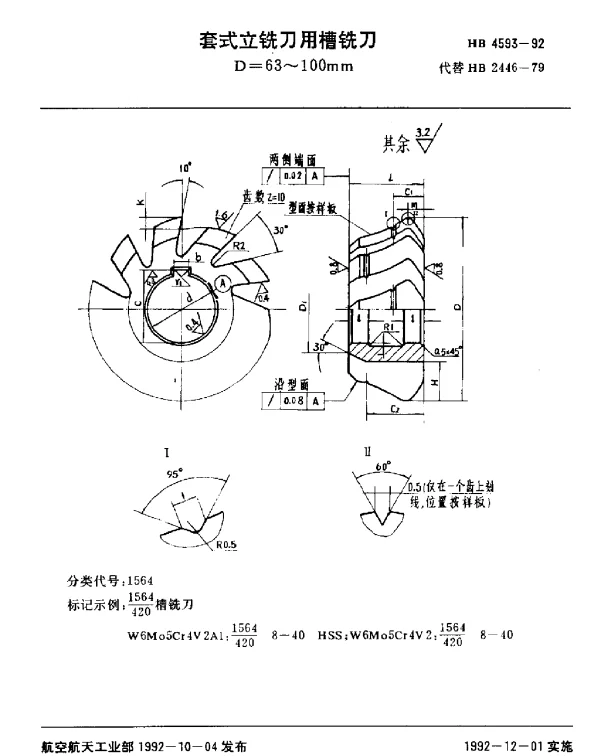 HB 4593-1992 套式立铣刀用槽铣刀.D=63~100mm