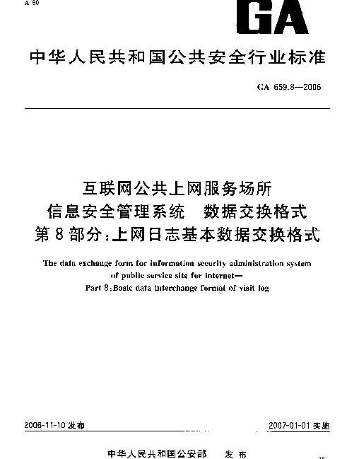 GA 659.8-2006 互联网公共上网服务场所信息安全管理系统.数据交换格式.第8部分：上网日志基本数据交换格式。