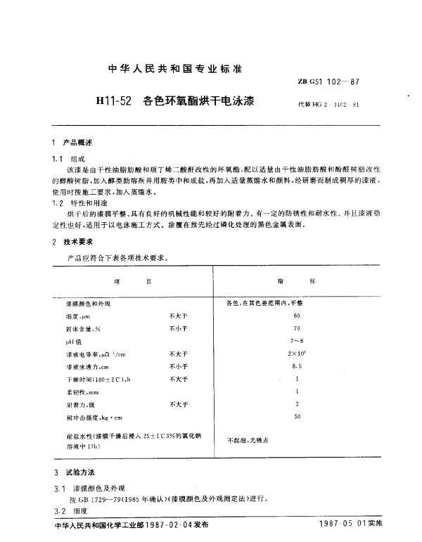ZB G51 102-1987 H11-52 各色环氧酯烘干电泳漆