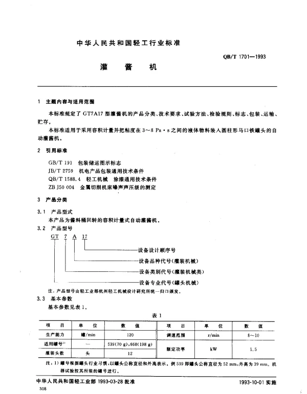 QBT 1701-1993 灌酱机