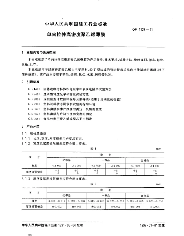 QB 1128-1991 单向拉伸高密度聚乙烯薄膜