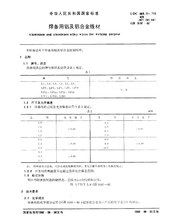 GB 3197-1982 焊条用铝及铝合金线材