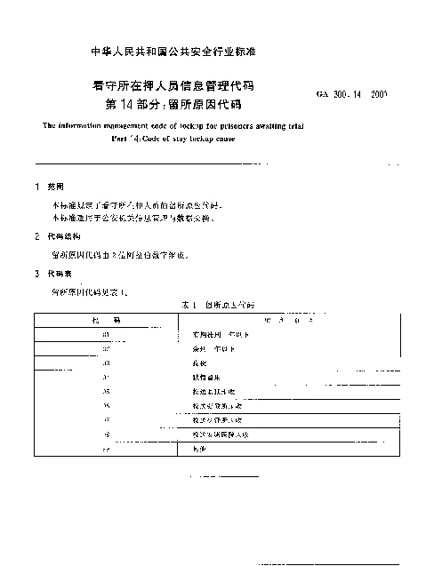 GA 300.14-2001 看守所在押人员信息管理代码.第14部分：留所原因代码