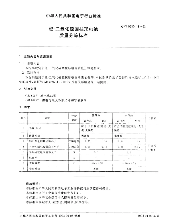 SJT 9550.18-1993 锂-二氧化硫圆柱形电池质量分等标准