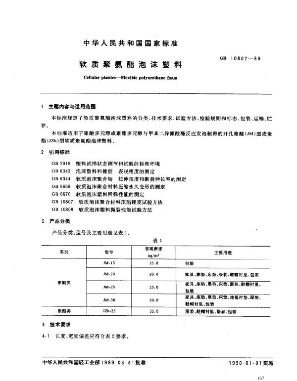 GB 10802-1989 软质聚氨酯泡沫塑料