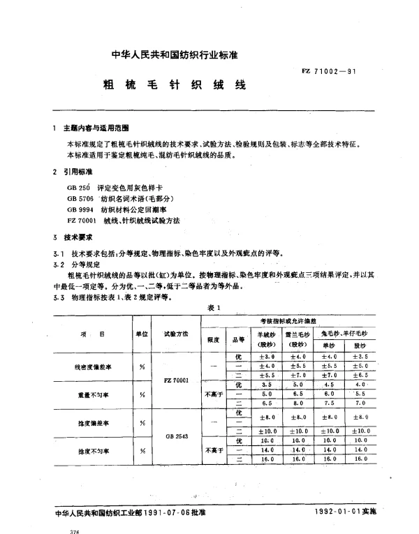 FZ 71002-1991 粗梳毛针织绒线