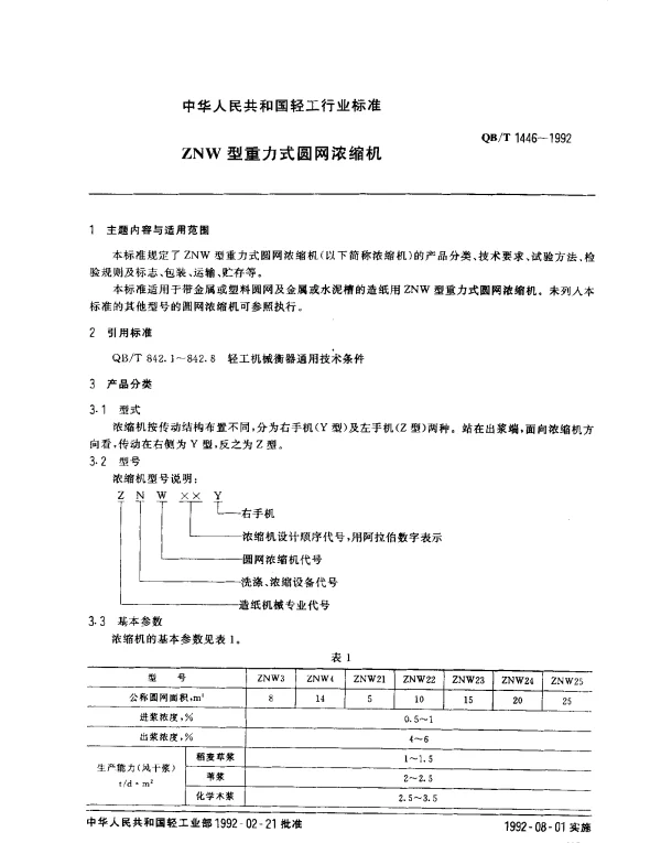 QBT 1446-1992 ZNW型重力式圆网浓缩机