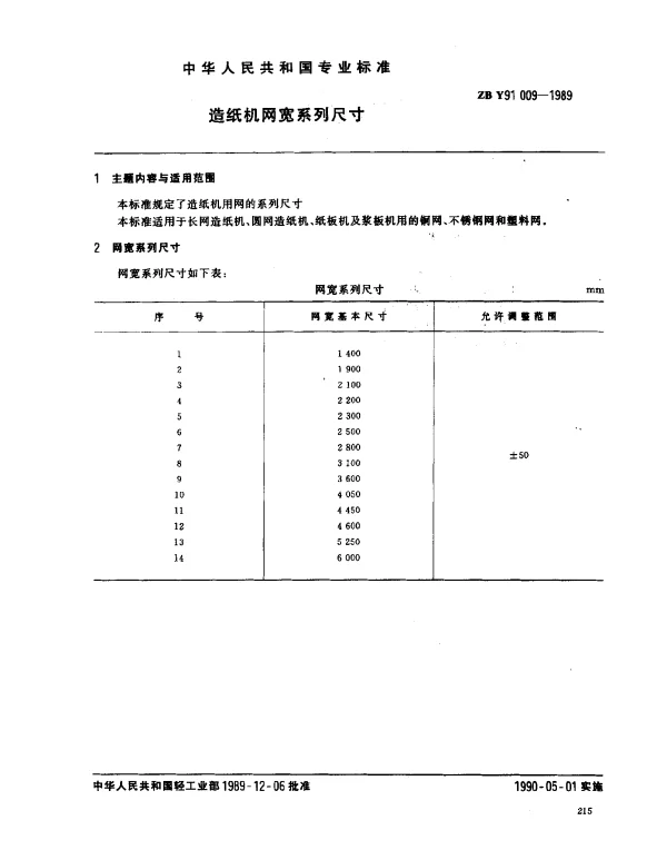 ZB Y91009-1989 造纸机网宽系列尺寸