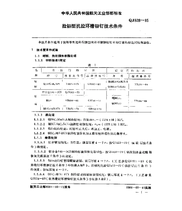 QJ 528-1985 拉铆型抗拉环槽铆钉技术条件