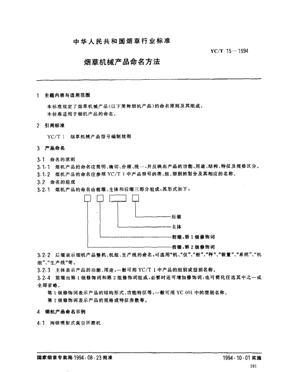 YCT 15-1994 烟草机械产品命名方法