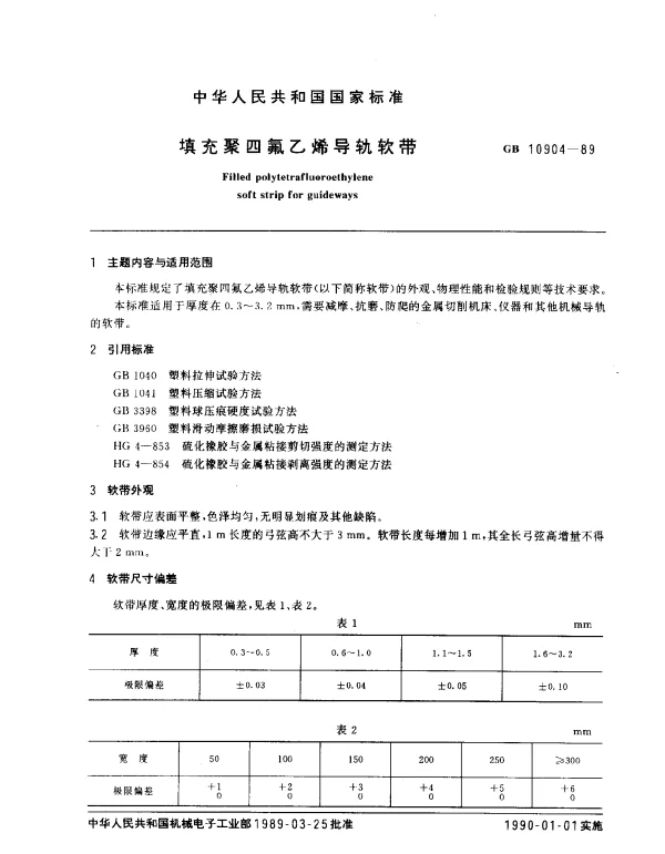 GB 10904-1989 填充聚四氟乙烯导轨软带