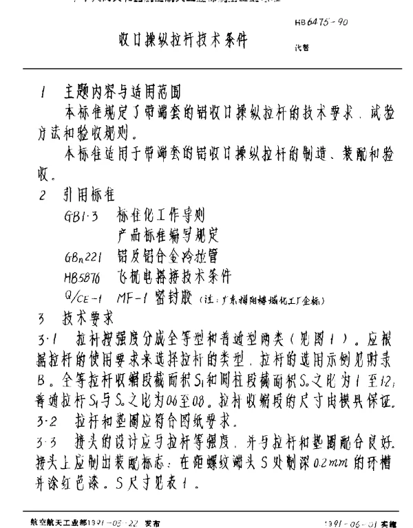 HB 6475-1990 收口操纵拉杆技术条件