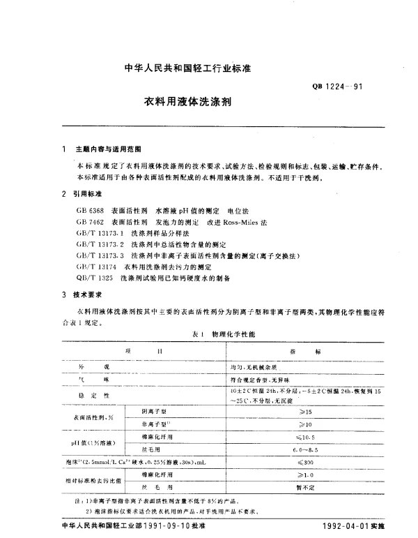 QB 1224-1991 衣料用液体洗涤剂