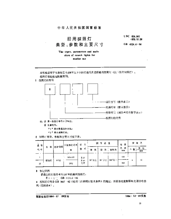 GB 4124.4-1984 船用探照灯类型、参数和主要尺寸