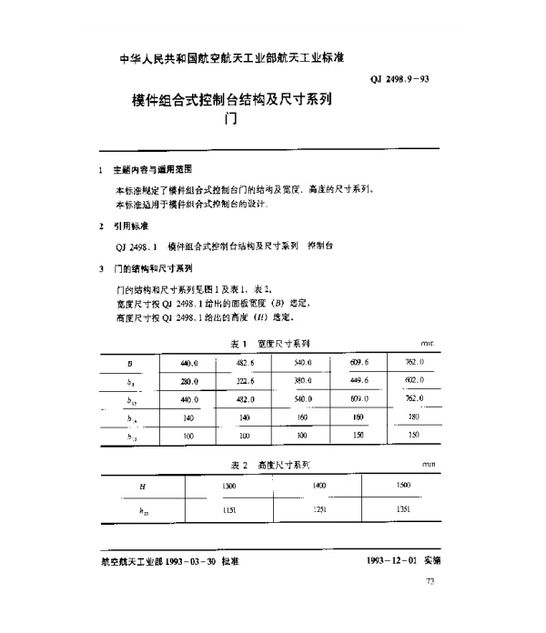 QJ 2498.9-1993 摸件组合式控制台结构及尺寸系列 门