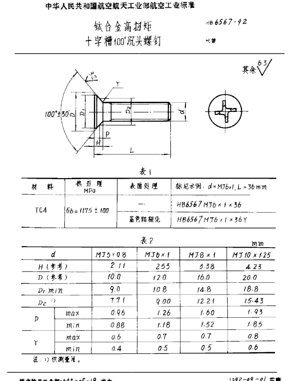 HB 6567-1992 钛合金高扭矩十字槽100°沉头螺钉