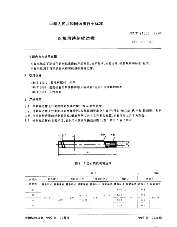 FZT 94035-1995 织机用铁刺辊边撑
