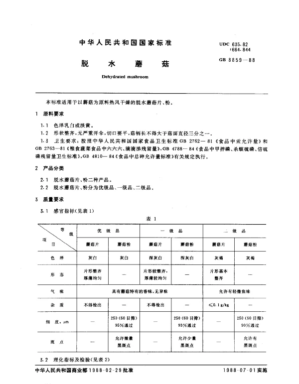 GB 8859-1988 脱水蘑菇