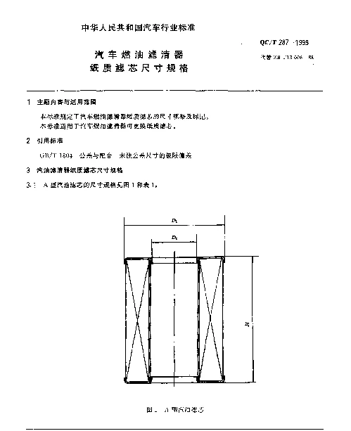 QCT 287-1999 汽车燃油滤清器纸质滤芯尺寸规格