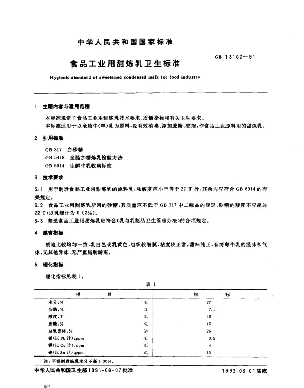 GB 13102-1991 食品工业用甜炼乳卫生标准