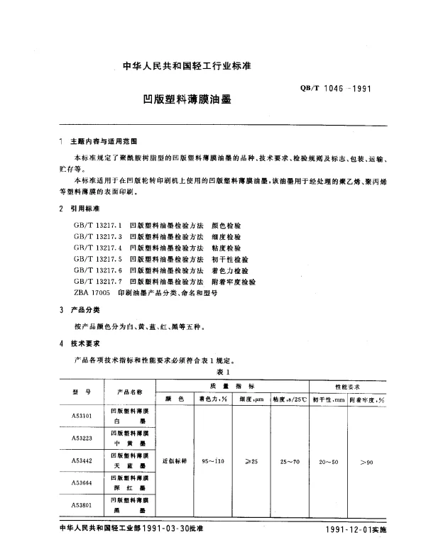 QBT 1046-1991 凹版塑料薄膜油墨